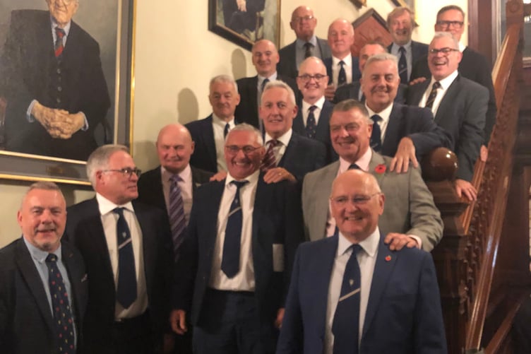 Old Llandoverian contingent at the reunion dinner - bottom left organiser, Adam Hathaway; bottom right, Llandovery vice captain Rowland Rees-Evans, standing in for Shaun Parry-Jones