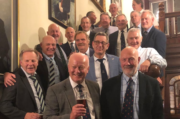 Old Breconians at the Reunion dinner front row Rob Ackerman, Simon Griffin (captain), Mike Francis (coach) (Photo: Huw Richards)