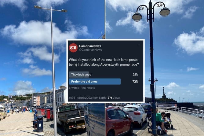 The new lampposts with temporary lantern heads (right) and the old lampposts (left)