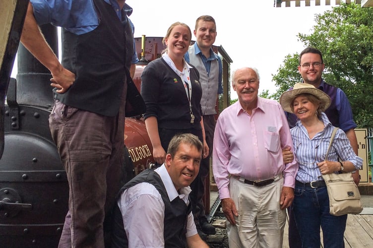 Timothy and Pru with some of the volunteer train crew during the 150th Talyllyn Railway anniversary celebrations on on 3 July 2015. Photo: Andrew Young