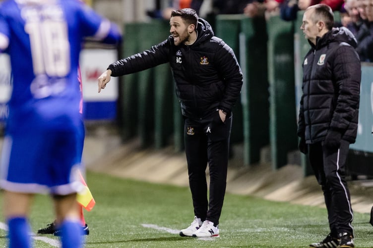 ABERYSTWYTH, WALES - 02  FEBRUARY 2022: Aberystwyth manager Antonio Corbisiero during the JD Cymru Premier league fixture between Aberystwyth Town F.C & Haverfordwest County A.F.C and  Aberystwyth's 1000th league game in the Cymru premier devision, Park Avenue Stadium, February 2nd, 2022, Aberystwyth, Wales (Pic By John Smith/FAW)
