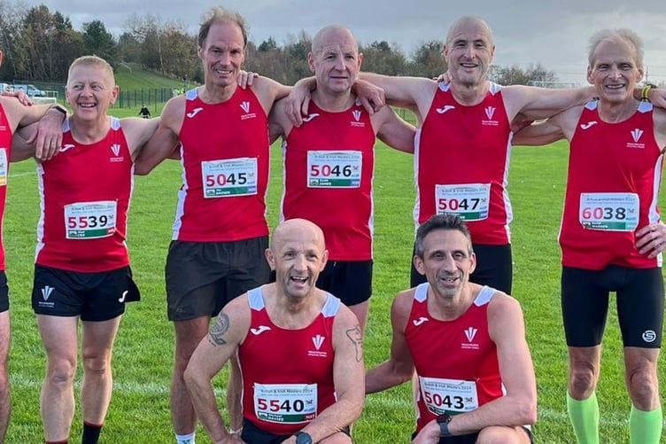 Sarn Helen's Mike Davies (bottom left) represented Wales at The British and Irish Masters Cross Country Championships