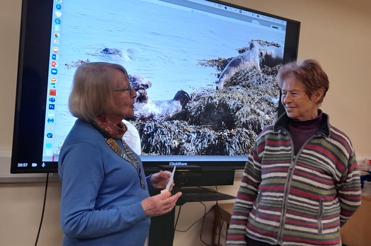 Inner Wheel President, Lynda Morris, is pictured presenting a cheque to Jean Napier in appreciation of her excellent illustrative talk on Bardsey Island.