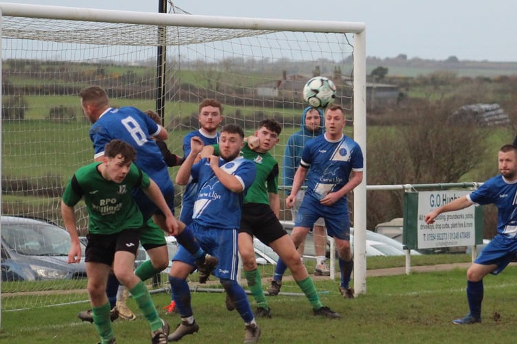 Goalmouth action during Nefyn's 4-2 win at Llanerch-y-Medd