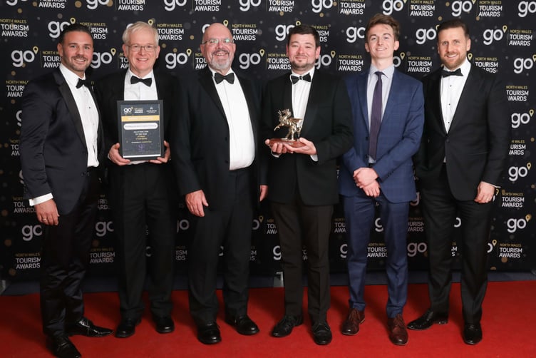 Go North Wales Tourism Awards
Headline sponsor Harlech Foodservice.
Go Attraction of the Year sponsored by SF Parks 
Ffestiniog and Welsh Highland Railway
Jonathan Seldon (sponsor) Dave Russell, Jim Emberey, Stephen Greig, Osian Hughes and Oliver Seldon (sponsor)