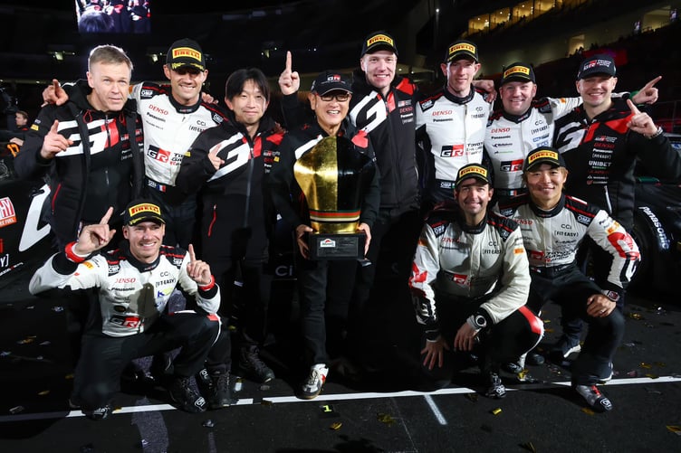 Elfyn Evans and the Toyota Gazoo Racing World Rally Team with the manufacturers' trophy (Photo: TGR)