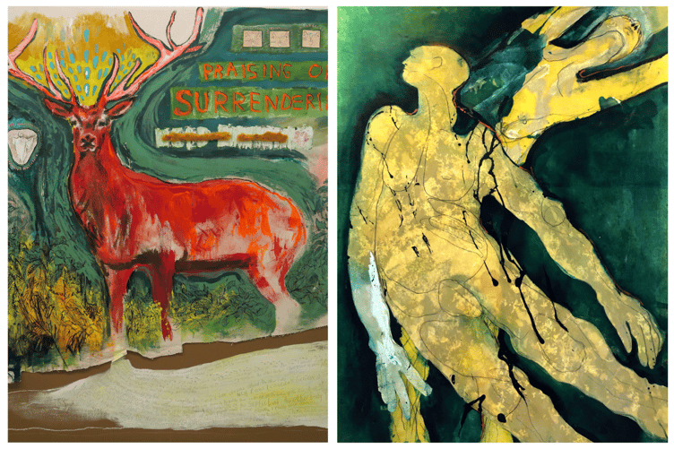 (left) Nicky Arscott's 'Man deer with its mega palms held (praising or surrendering)' and (right) Brigitte Bailey's 'The Floating'