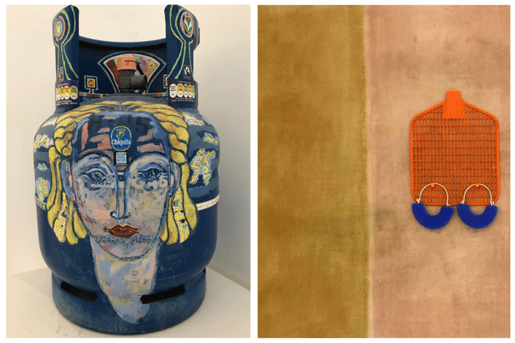 (left) Helen Duffee's transformed gas canister and (right) Bronwen Gwillim's found object piece 'Fly Swat'