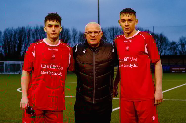 Welsh colleges players Morgan Davies and Osian Morris with manager and Coleg Menai lecturer Marc Lloyd Williams