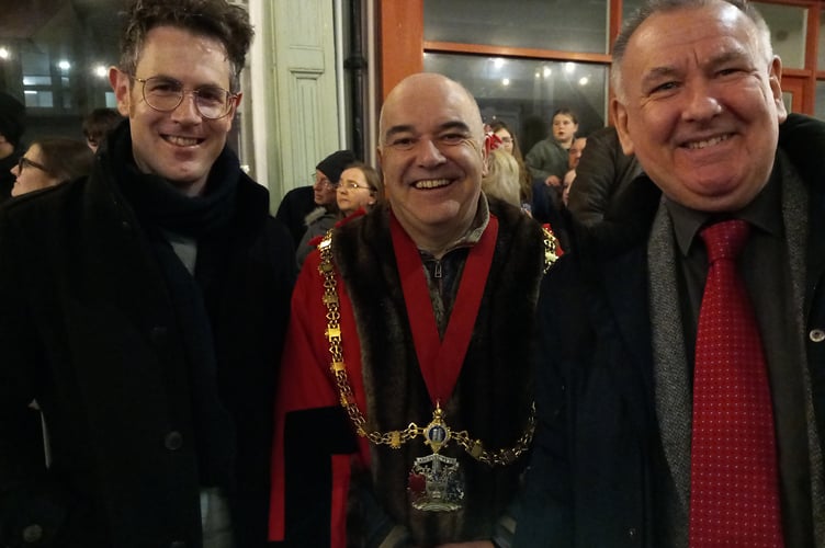 Aberystwyth town bard Eurig Salisbury, Aberystwyth mayor Maldwyn Pryse and event host Ioan Guile. Photo: Julie McNicholls Vale