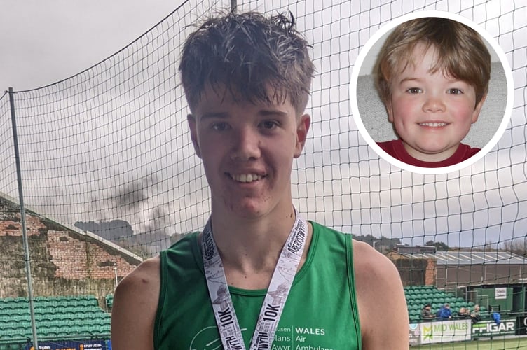 Tomi Jones, 17, after completing his first ever 10k race in the Aberystwyth 10k (inset - Ned Jones, 5)