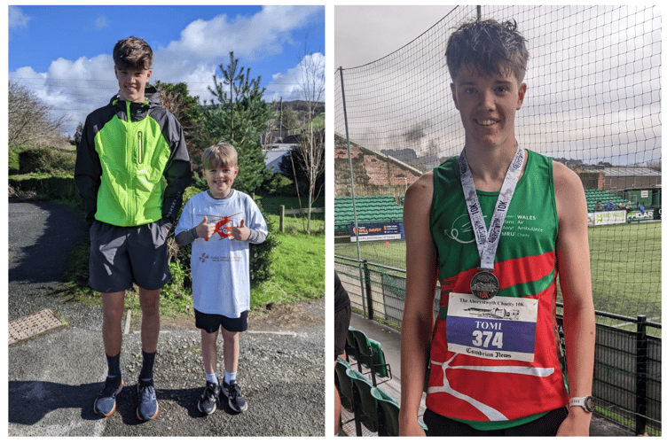 (left) Tomi and Cai during their 13-mile running challenge in March, (right) Tomi with his medal after his first 10k