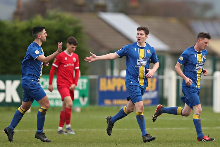 DENBIGH, DENBIGHSHIRE, WALES - 14th DECEMBER 2024 - John Evans of Llanuwchllyn celebrates his goal during Denbigh Town vs CPD Llanuwchllyn in Round 4 of the FAW Welsh Cup at Central Park, Denbigh (Pic by Sam Eaden/FAW)