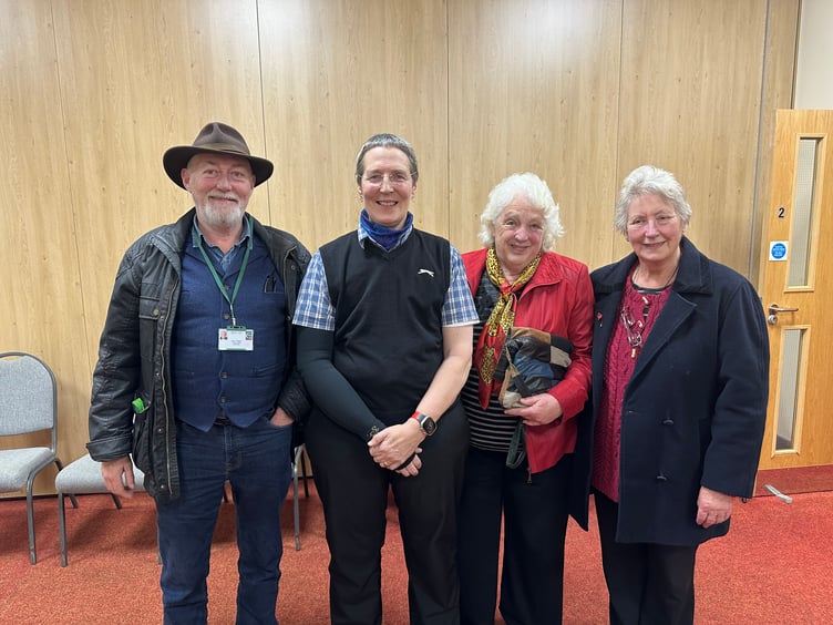 Pictured from left to right after the count are: Cllr John Pughe (Chair), Cllr Kath Charters, Cllr Anne Lloyd-Jones, and Cllr Eileen Jones