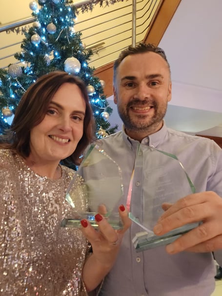 Julie Stokes Jones, Business Manager at Tŷ Gwyrddfai and Sion Hughes, Adra’s Director of Policy and Delivery