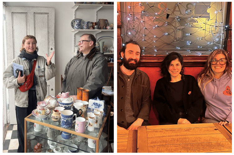 (left) Artist Lily Tiger discuss festival plans with Henry an Antique Collector based on Portland Street, (right) Isaac Peat, Jess Baudey, Sally Blaise - Part of the core team