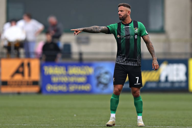 ABERYSTWYTH, CEREDIGION, WALES - 7th SEPTEMBER 2024 - Aberystwyth's Jonny Evans points during Aberystwyth Town vs Flint Town United in Round 6 of the JD Cymru Premier at Park Avenue, Aberystwyth (Pic by Sam Eaden/FAW)