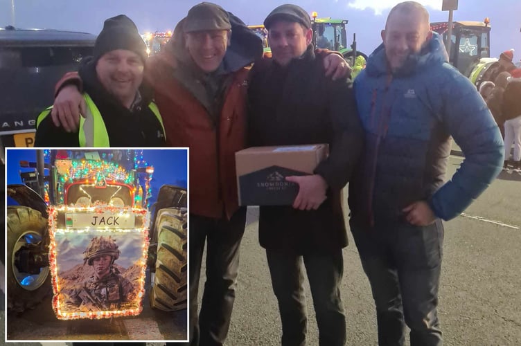 Main: Rhys Williams (one of organisers), Gareth Wyn Jones (judge) David Wilkes (Jack's dad) and John Williams (another main organiser). Inset: A picture of Jack on the lead tractor