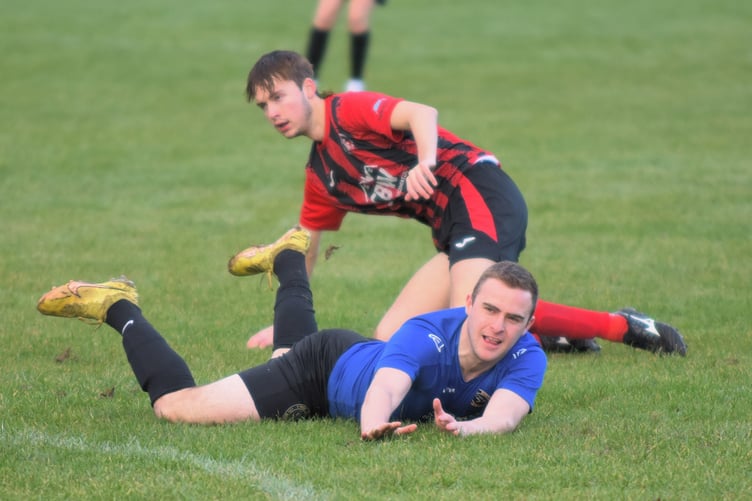There was little to choose between Bow Street Reserves and Penrhyncoch Reserves at Cae Piod on Saturday (Photo: Bev Hemmings)