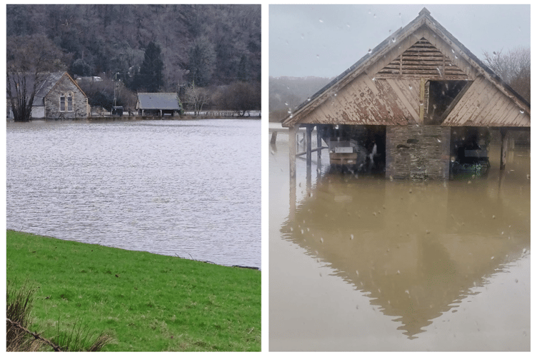 Derwenlas Village Hall (left) and its outhouse (right) under water after the New Year's Day flooding