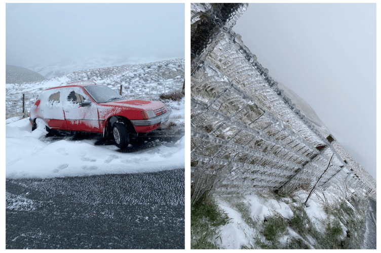 An abandoned vehicle and some incredible ice formations at the top of the Machynlleth-Llanidloes mountain road