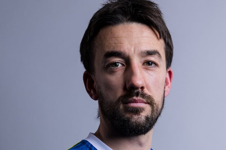 HAVERFORDWEST, WALES - 18 DECEMBER 2024: Haverfordwestâs Elliot Scotcher during a Cymru Premier media session with Haverfordwest County A.F.C Football Club at Bridge Meadow Stadium, Wales (Pic by John Smith/FAW)