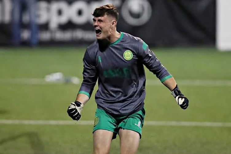 BELFAST, COUNTY ANTRIM, NORTHERN IRELAND - 17th JULY 2024 - Caernarfon's Stephen McMullan celebrates saving a penalty during Crusaders FC vs Caernarfon Town in the UEFA Europa Conference League First qualifying round second leg at Seaview Stadium, Belfast (Pic by Sam Eaden/FAW)