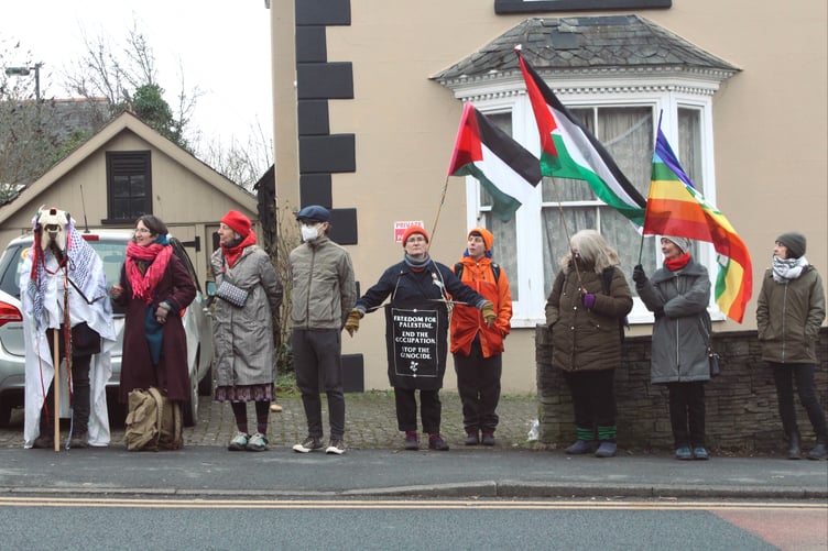 'Peace' and Palestine flags were flown along with a Mari Lwyd figure dressed in a Palestinian scarf called a Keffiyeh
