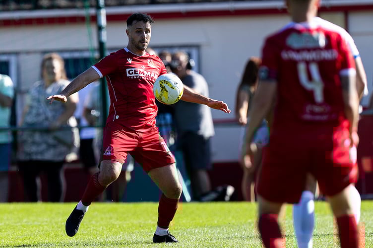 BRITON FERRY, WALES - 11TH AUGUST 2024: 
Luke Bowen of Briton Ferry in action.
Briton Ferry Llansawel v Penybont in the JD Cymru Premier at Old Road on the 11th August 2024. (Pic by Lewis Mitchell/FAW)