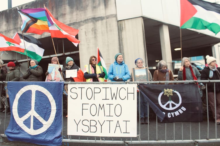 'Stop bombing hospitals' banners were displayed at the protest outside Bronglais Hospital in Aberystwyth