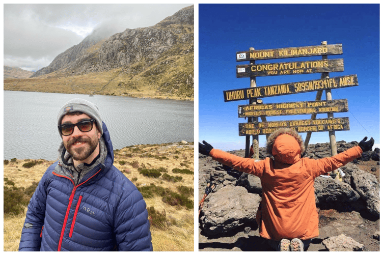Jack Edwards in the Welsh Mountains (left) and at the top of Mount Kilimanjaro in Tanzania (right)