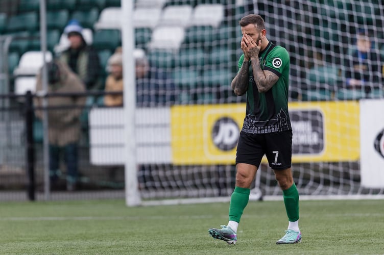 ABERYSTWYTH, WALES - 11 JANUARY 2025: Aberystwyth Town's Jonathan Evans looks distraught during the 2024/25 JD Cymru Premier league fixture between Aberystwyth Town FC & Briton Ferry Llansawel AFC at Park Avenue, Aberystwyth, Wales (Pic by John Smith/FAW)