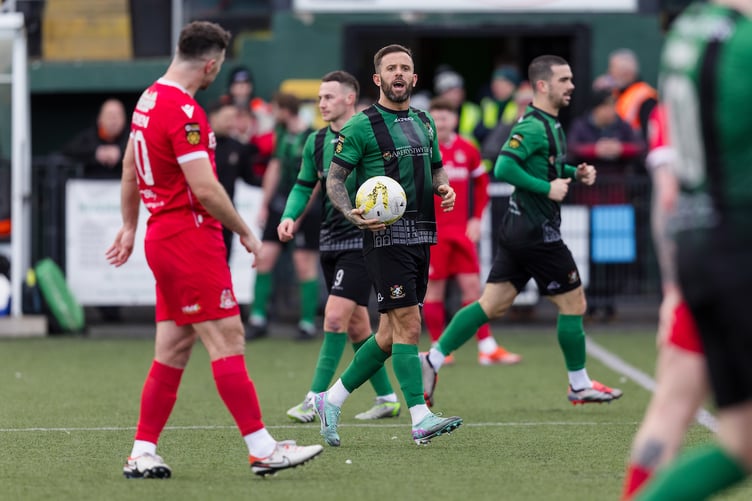 ABERYSTWYTH, WALES - 11 JANUARY 2025: Aberystwyth Town's Jonathan Evans scores and celebrates 1-2 during the 2024/25 JD Cymru Premier league fixture between Aberystwyth Town FC & Briton Ferry Llansawel AFC at Park Avenue, Aberystwyth, Wales (Pic by John Smith/FAW)