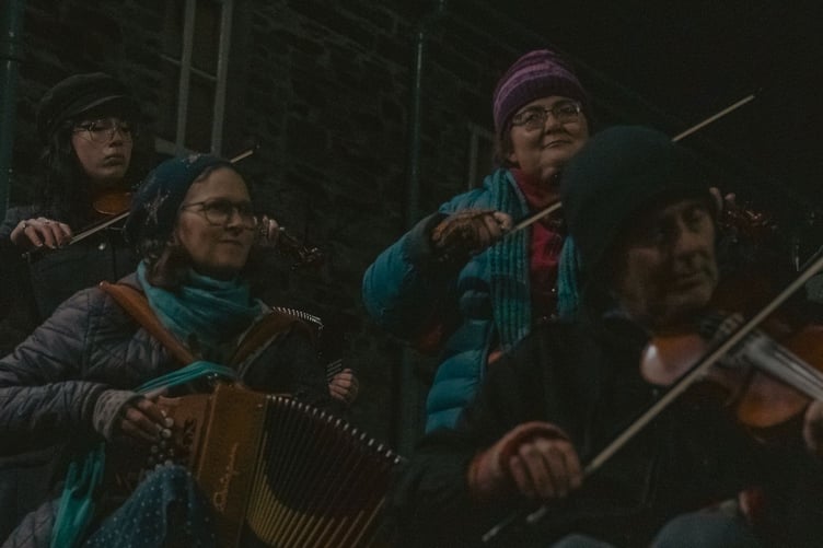 Cass Meurig, Gwilym Thomas and friends playing Welsh folk during the Mari Lwyd celebrations in Dinas Mawddwy. The event now gains a small amount of funding from Cyngor Gwynedd to pay for local artists to perform.