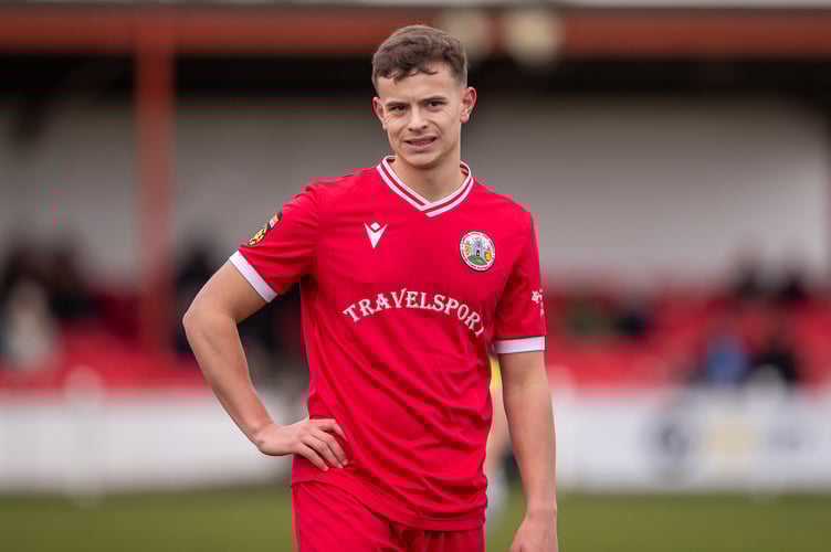 DENBIGH, WALES - 4TH JANUARY 2025: Denbigh Town's Sam Duffy during the JD Cymru North fixture between Denbigh Town and Holywell Town at Central Park Stadium, Denbigh. 4th of January, Denbigh, Wales (Pic by Nik Mesney/FAW)
