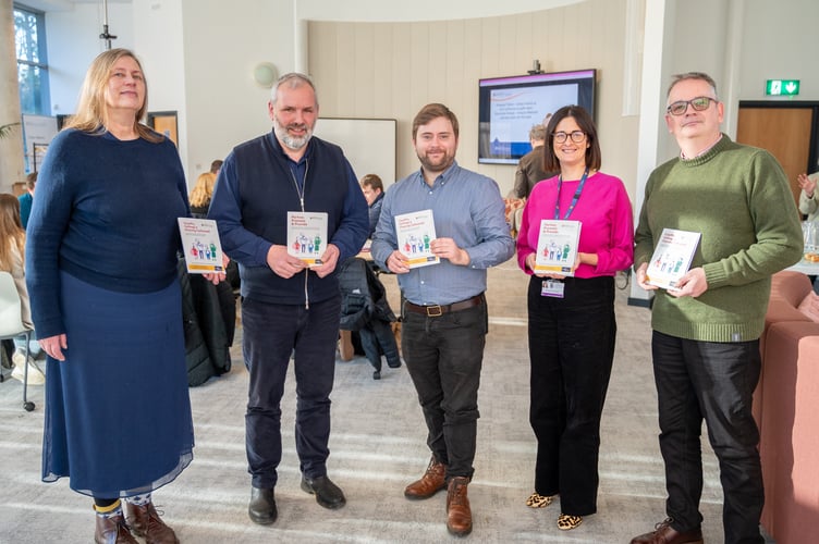 Susan Ferguson (Research Impact and Knowledge Officer, Aberystwyth University), Prysor Davies (Interim Head of the School of Education, Aberystwyth University), Dr Rhodri Evans (Lecturer in Education, Aberystwyth University), Rhiannon Salisbury (teacher), Alwyn Ward (Ceredigion County Council)