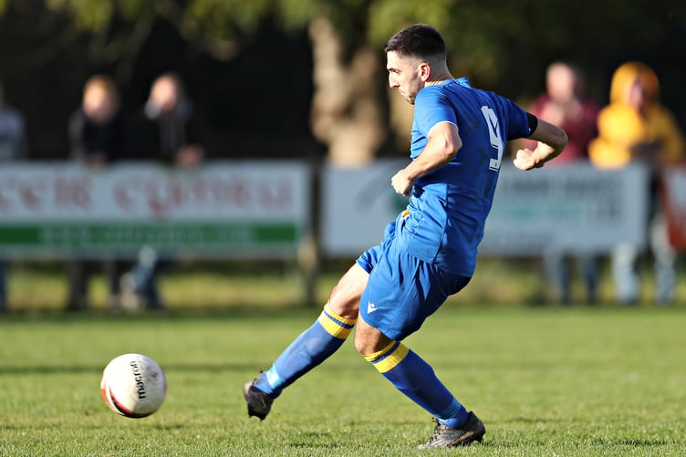 LLANUWCHLLYN, GWYNEDD, WALES - 19th OCTOBER 2024 - Llanuwchllyn's Meilir Williams shoots during CPD Llanuwchllyn vs Newtown AFC in Round 2 of the FAW Welsh Cup at the Village Hall, Llanuwchllyn (Pic by Sam Eaden/FAW)