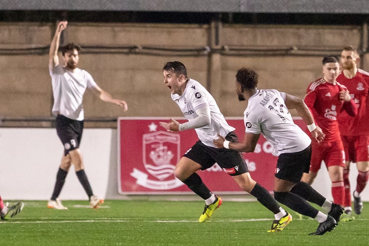 FLINT, WALES - 17TH JANUARY 2025: Bala Town's Nathan Burke celebrates making it 2-0 during the JD Cymru Premier fixture between Connah's Quay Nomads and Bala Town at the Essity Stadium, Flint. 17th of January, Flint, Wales (Pic by Nik Mesney/FAW)