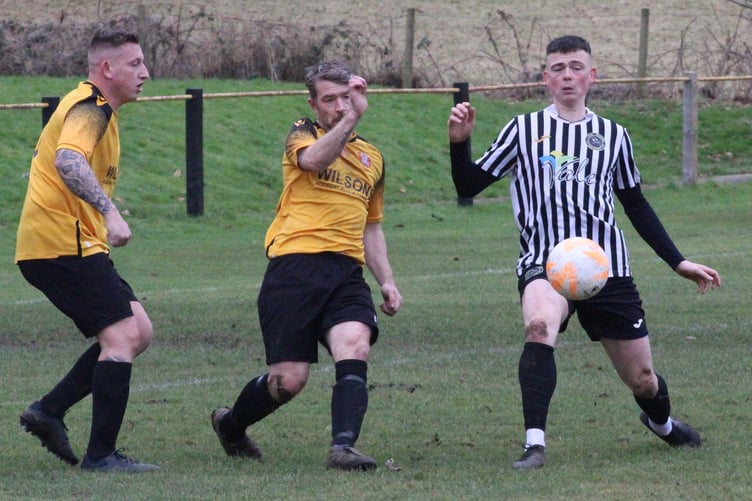 Callum Page (right) scored for Bow Street at Lex XI (Photo: Barcud-Coch Photography)