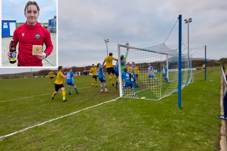 The Harbourmen defend a corner against Porthmadog. Inset: Rhys Alun who was named Port player of the month for December