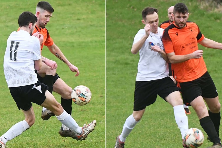 Tywyn's Sion Ellis (left) and Tom Allen battle for possession against Welshpool