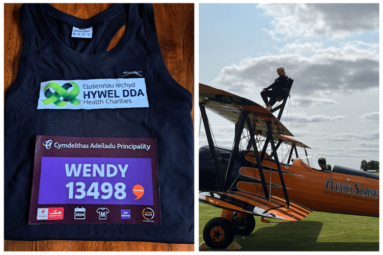 Wendy's Cardiff Half Marathon vest (left) and setting off on her wing-walking flight (right)