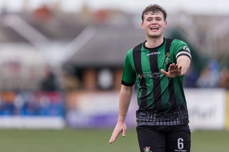 ABERYSTWYTH, WALES - 11 JANUARY 2025: Aberystwyth Town's Jack Thorn during the 2024/25 JD Cymru Premier league fixture between Aberystwyth Town FC & Briton Ferry Llansawel AFC at Park Avenue, Aberystwyth, Wales (Pic by John Smith/FAW)