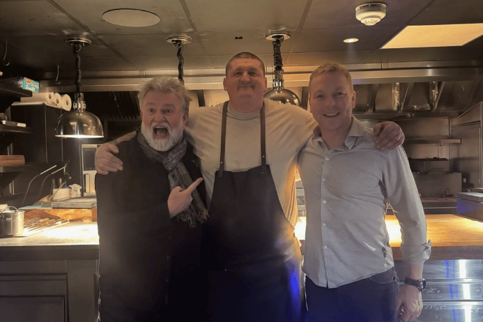 Chris Hoy (right) with Ynyshir chef Gareth Ward (middle) and Hairy Biker Si King (left)