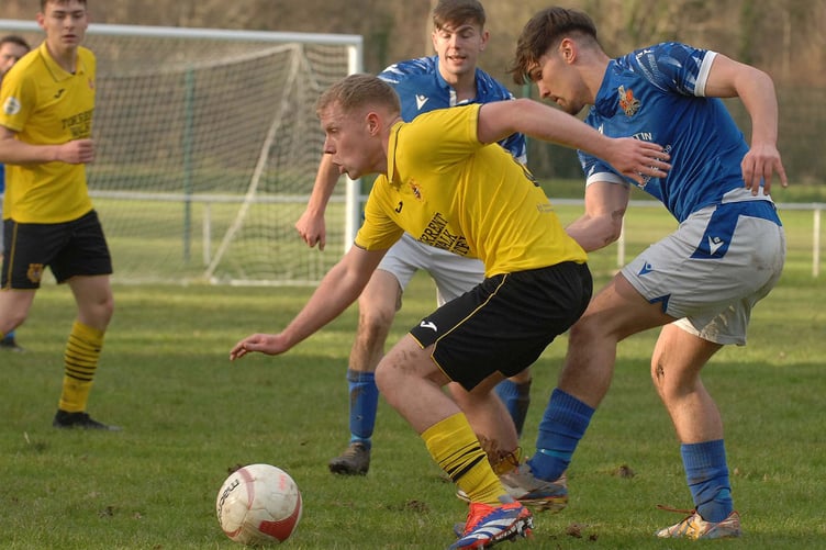 Dennis Bates scored for Dolgellau in the 2-1 defeat against Builth Wells on Saturday. He is pictured in the match against Llandrindod Wells last time out (Photo Rod Davies)