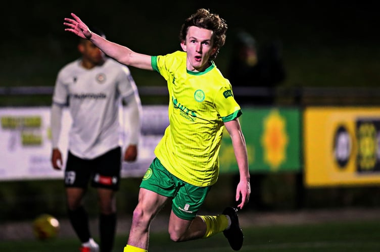 BALA, GWYNEDD, WALES - 31st JANUARY 2025 - Josh Lock of Caernarfon celebrates his goal during Bala Town vs Caernarfon Town in Round 24 of the JD Cymru Premier at Maes Tegid, Bala (Pic by Sam Eaden/FAW)