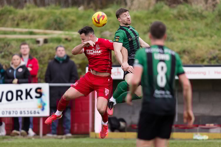PORT TALBOT, WALES - 01 FEBRUARY 2025: Briton Ferry's Luke Bowen during the 2024/25 JD Cymru Premier Play-Off Conference league fixture between Briton Ferry Llansawel A.F.C & Aberystwyth Town F.C at Old Road Stadium, Port Talbot, Wales (Pic by John Smith/FAW)