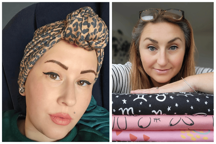 A happy customer of Eadiechops (left) and Emma with some of her hand-designed organic fabrics (right)