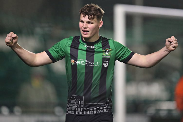 ABERYSTWYTH, CEREDIGION, WALES - 2nd FEBRUARY 2024 - Aberystwyth's Ben Woollam celebrates after Aberystwyth Town vs Haverfordwest County in Round 23 of the JD Cymru Premier Phase 2 Playoff Conference at Park Avenue, Aberystwyth (Pic by Sam Eaden/FAW)