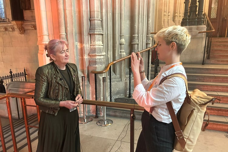 Liz Saville-Roberts speaking to Cambrian News reporter Deb Luxon at Westminster Hall on 22 January
